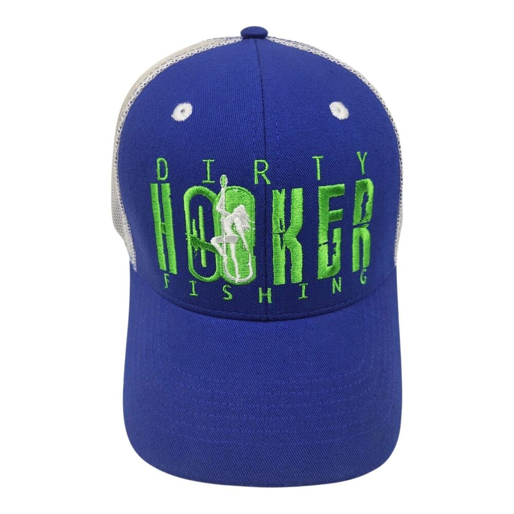 Dirty Hooker Fishing Trucker Hat Blue White Mesh Neon Green Snapback Stripper